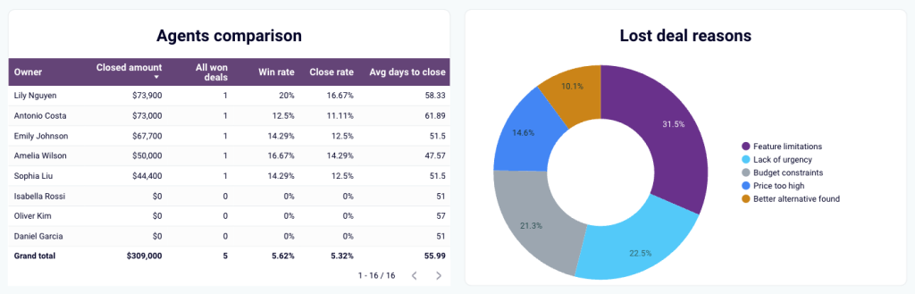 Pie chart and tables from a CRM dashboard