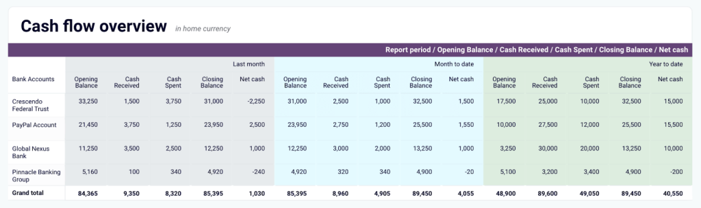 Xero financial dashboard automation cash flow example