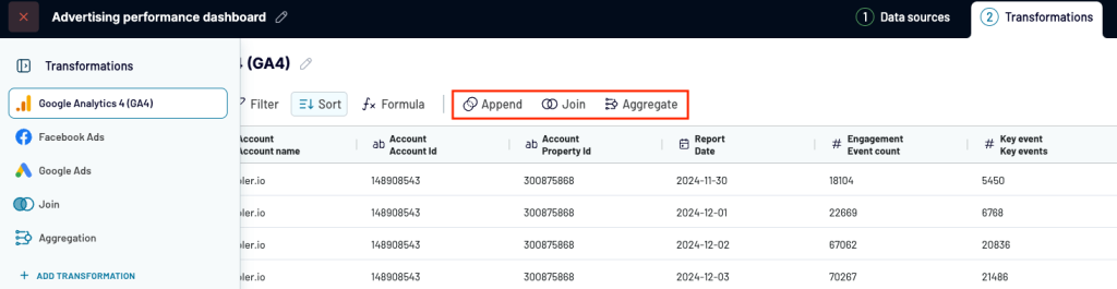 Coupler.io transformations step with multiple sources example