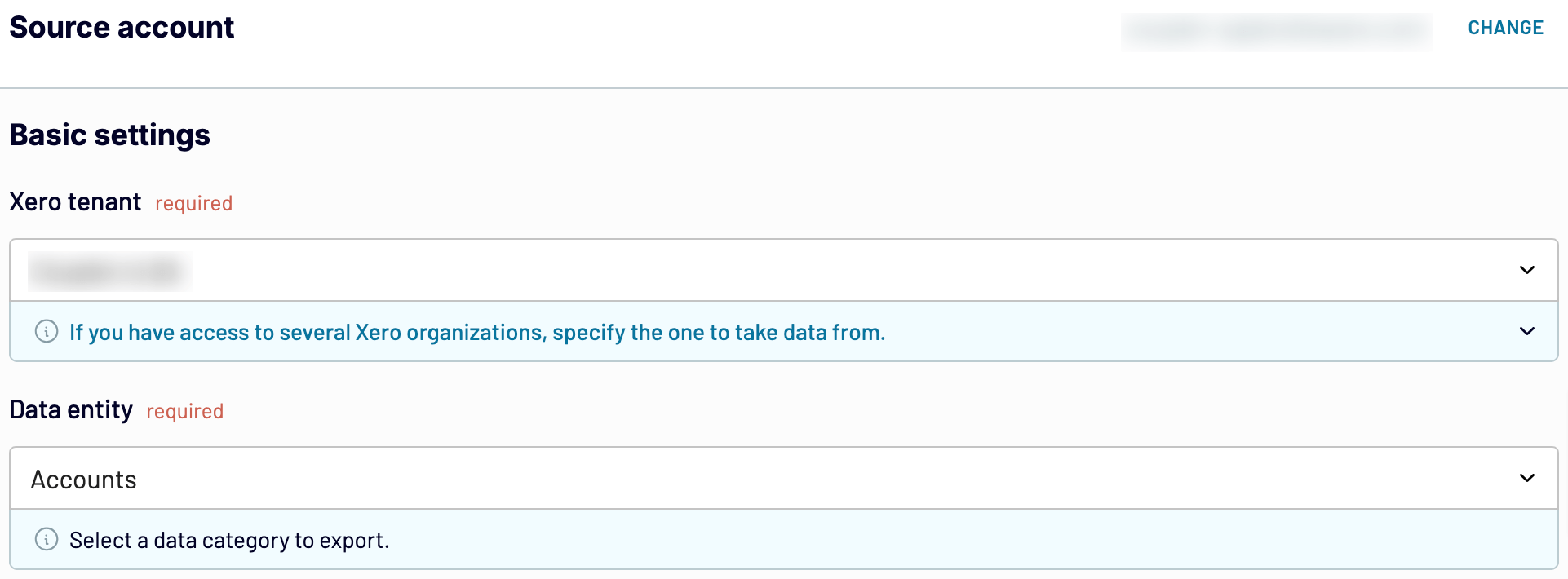 Xero source settings in Coupler.io