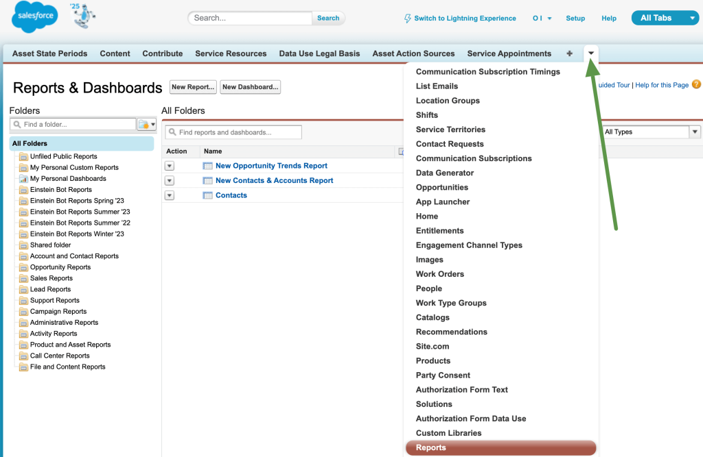10. Navigating to the Reports tab in Salesforce Classic
