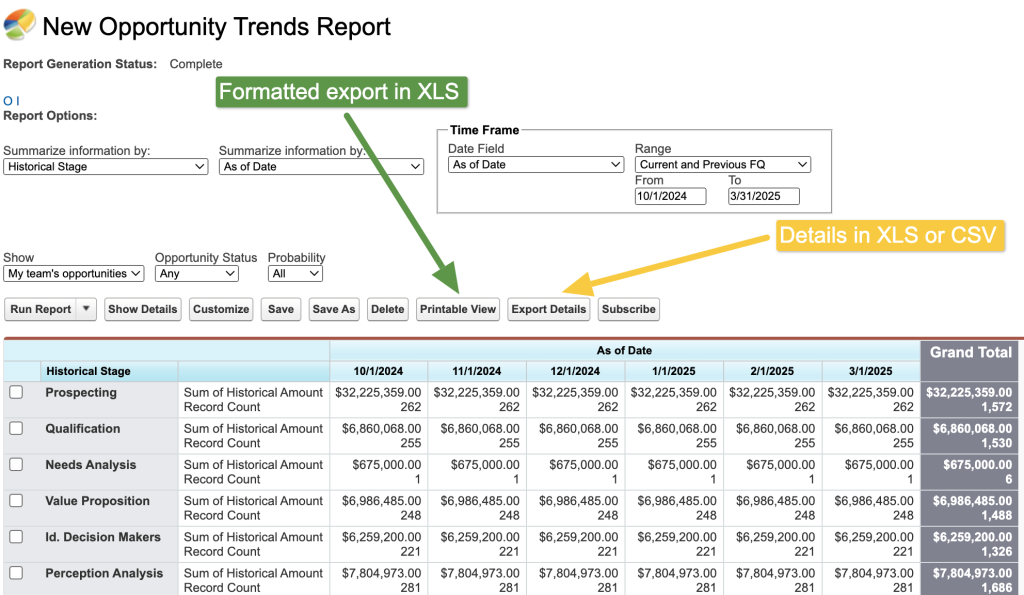 11. Choosing the format for exporting a report from Salesforce Classic