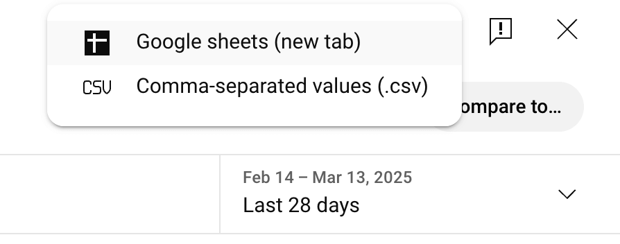 Selecting a file format to export a current view from YouTube Analytics