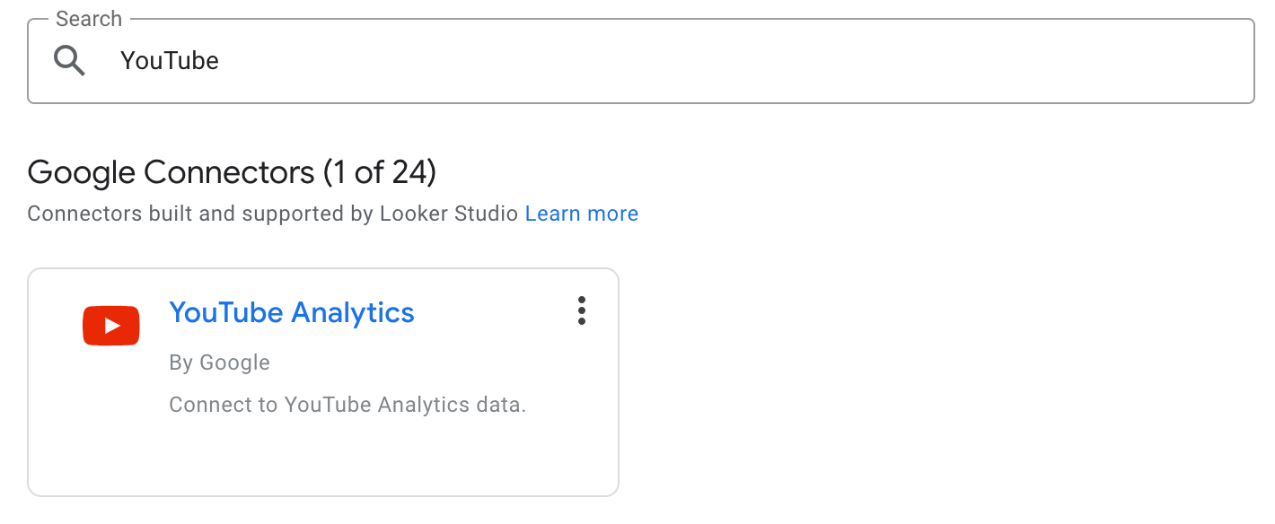 Selecting the YouTube connector in Looker Studio