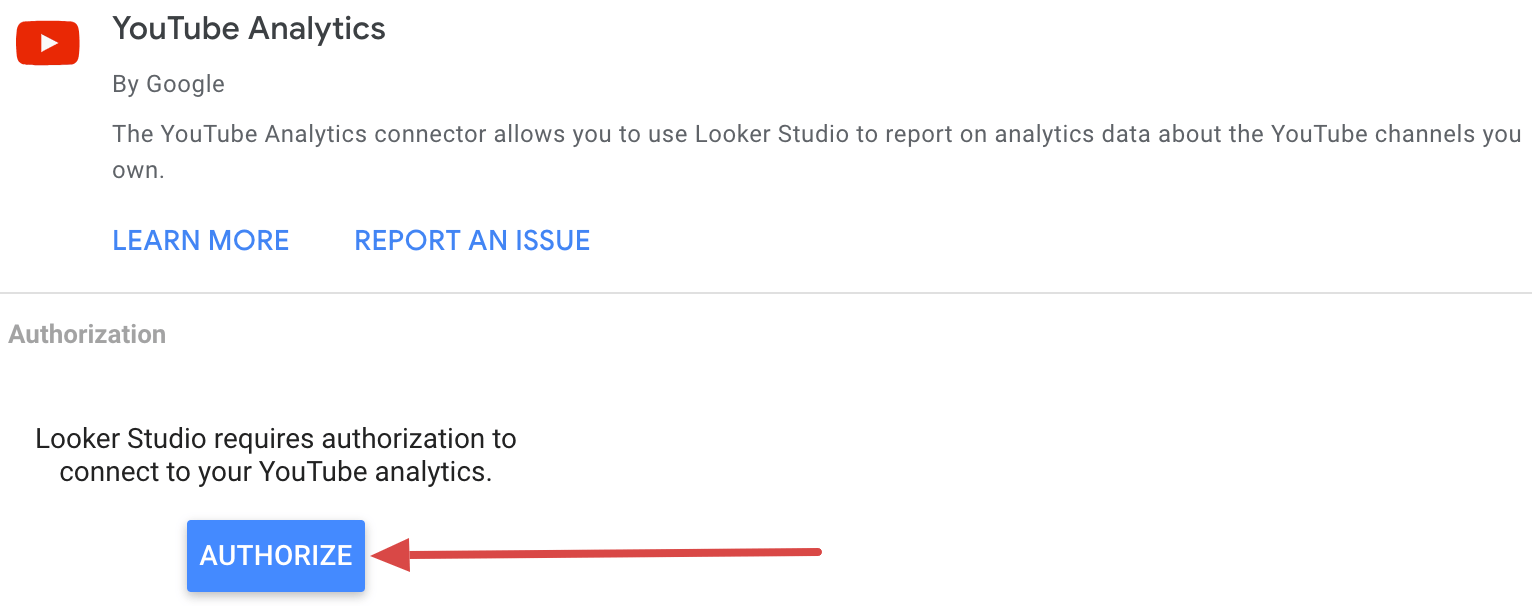 Authorizing the YouTube Analytics connector in Looker Studio