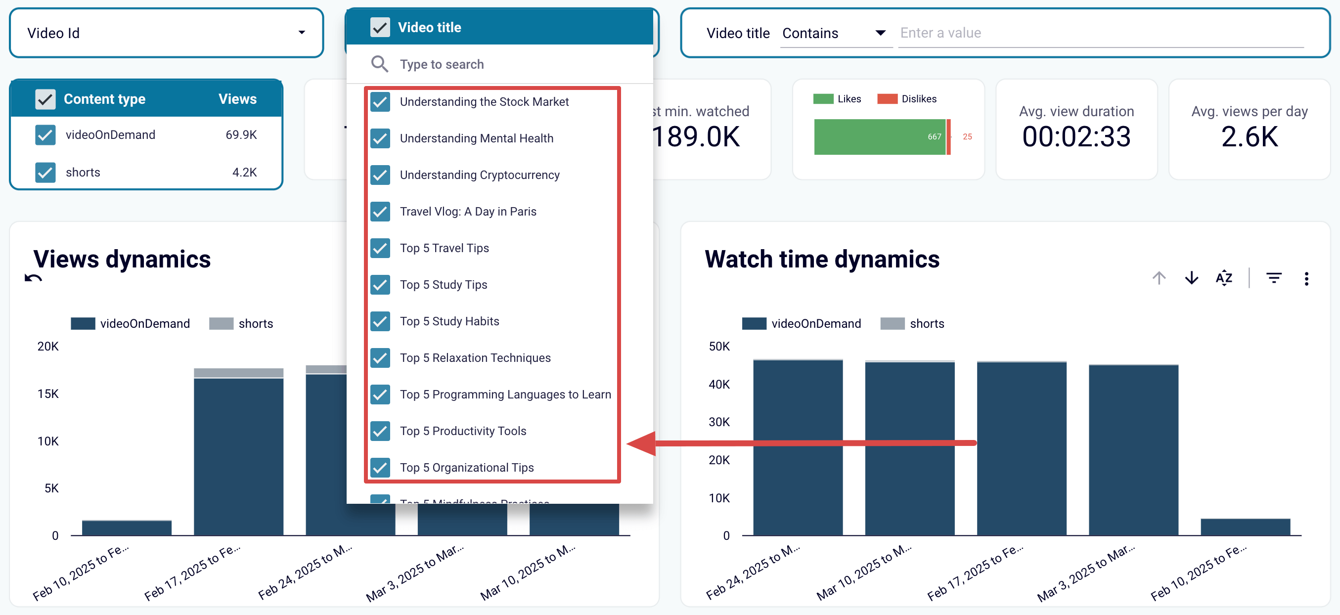 Filtering batches or groups of videos for analysis in Looker Studio