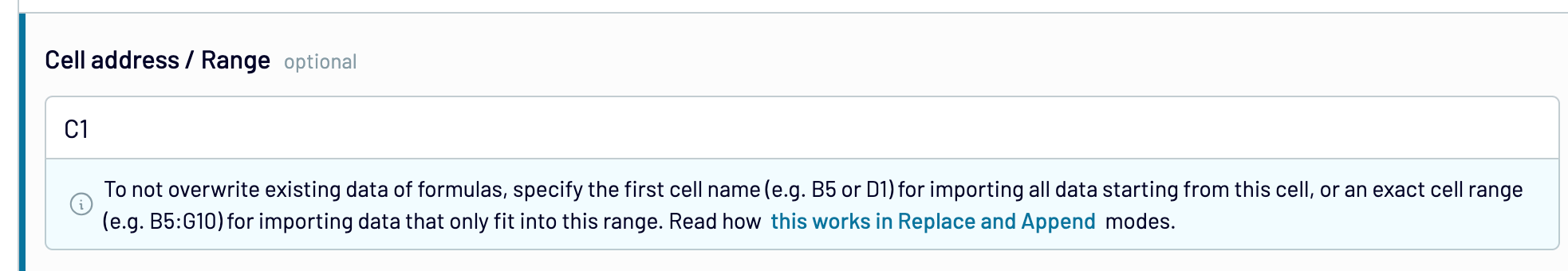 Specifying the cell address or range for the data import with Coupler.io