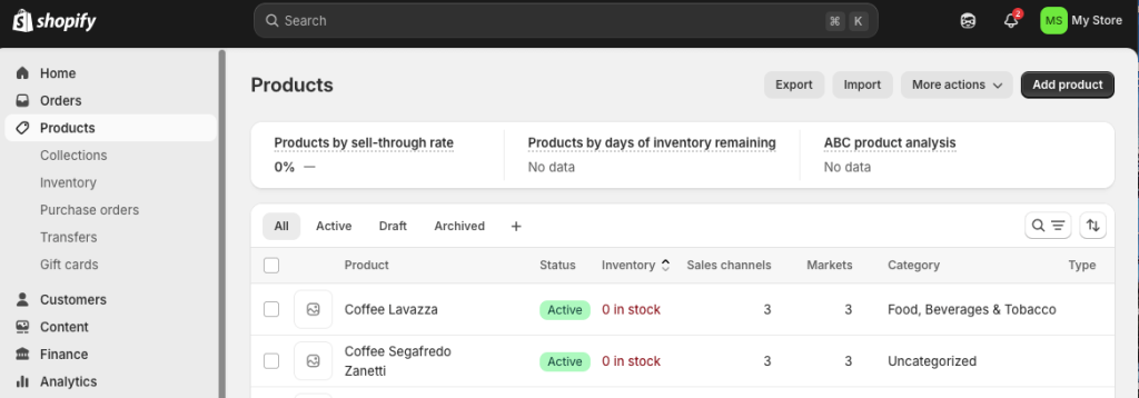Products data shopify