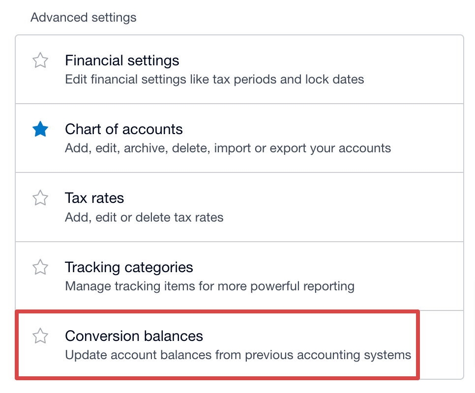 Selecting conversion balances in Xero's advanced accounting settings