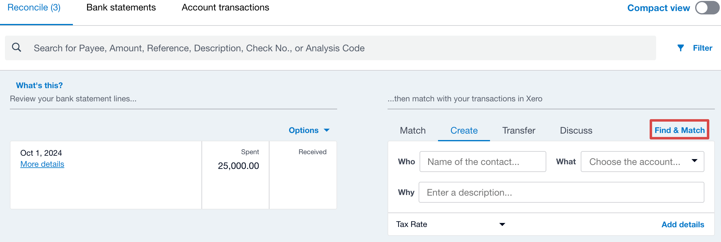 Using Find & Match to reconcile transactions