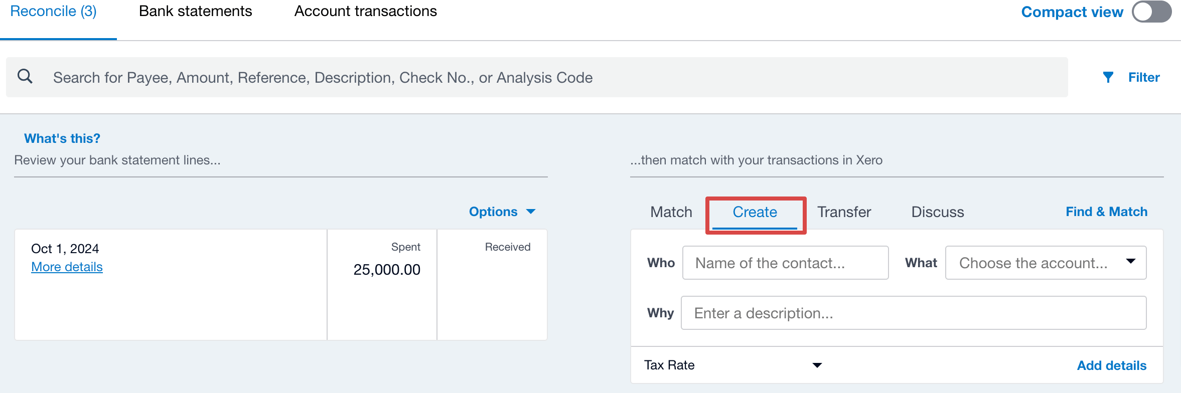 Entering new transactions into Xero