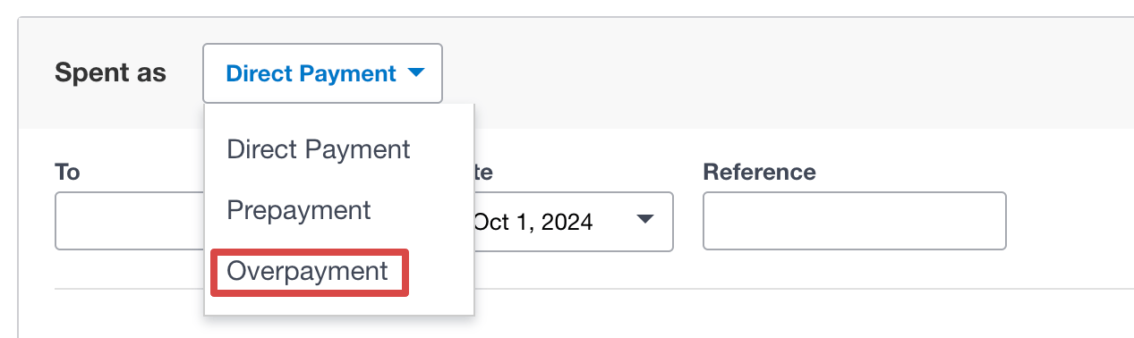 Choosing Overpayment to reconcile an overpaid invoice or bill in Xero