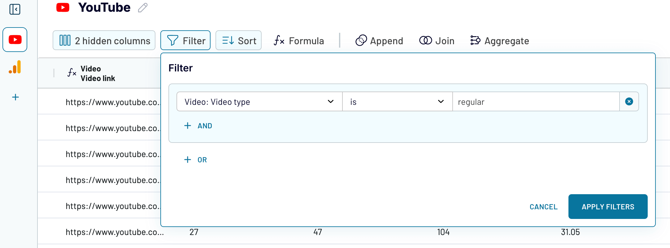 Applying filters to YouTube data with Coupler.io