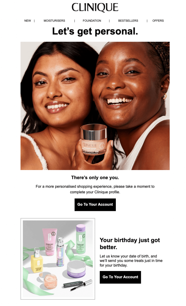 Welcome email example from Clinique