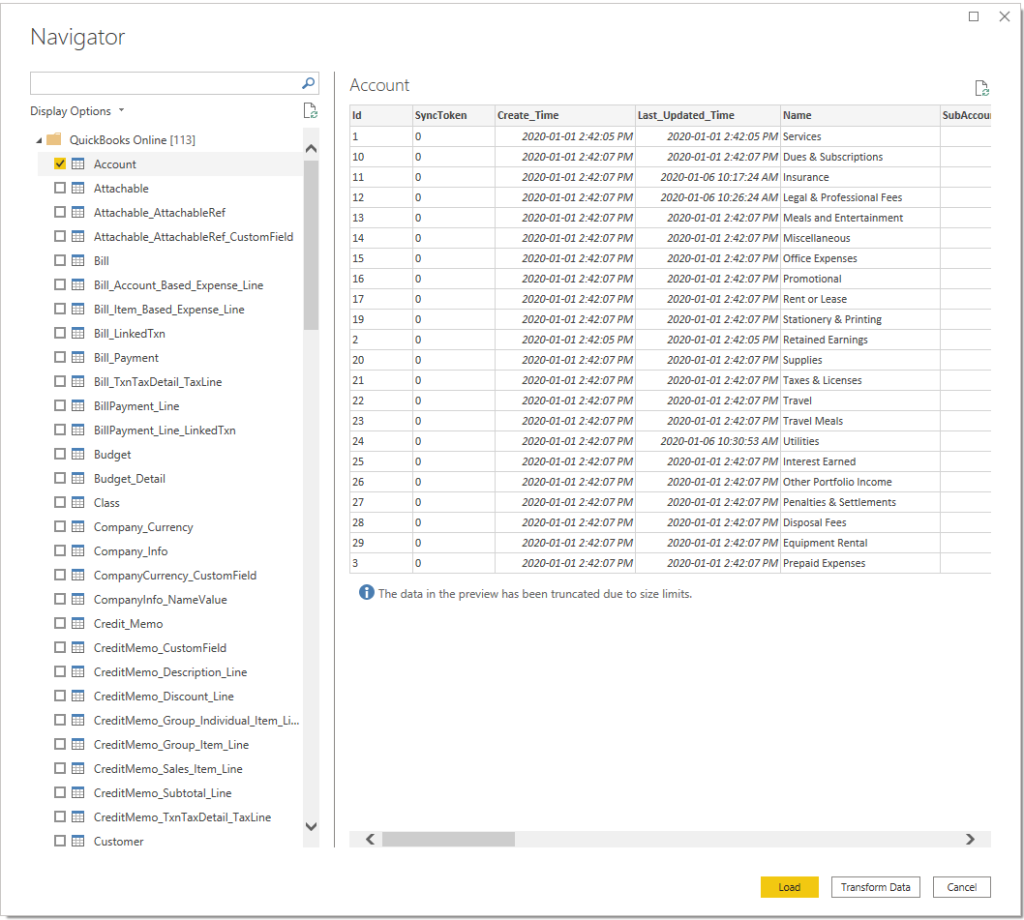 Power BI will display the list of tables