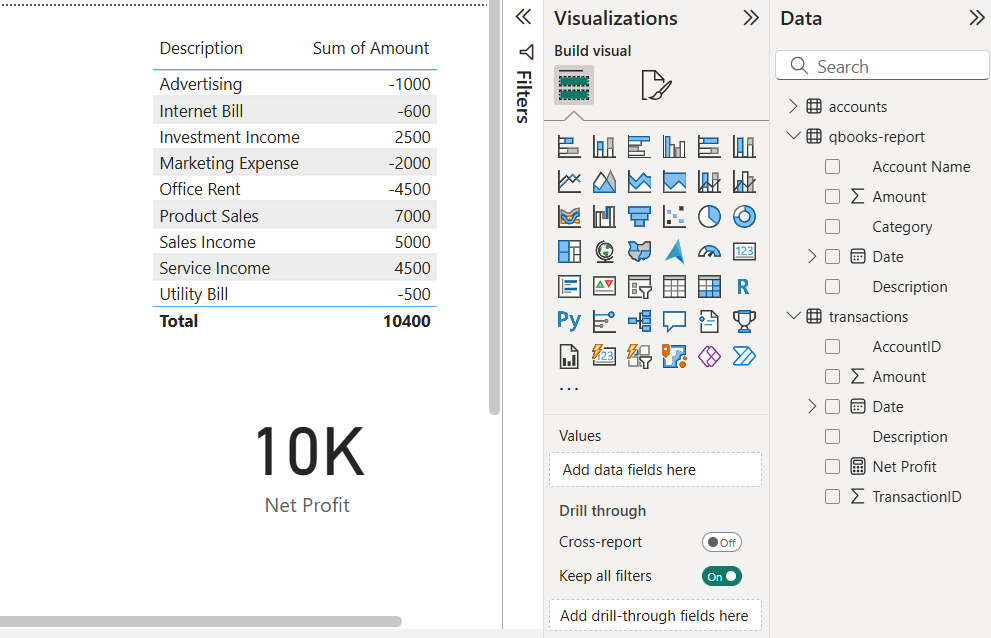Power BI table visual to summarize income and expenses