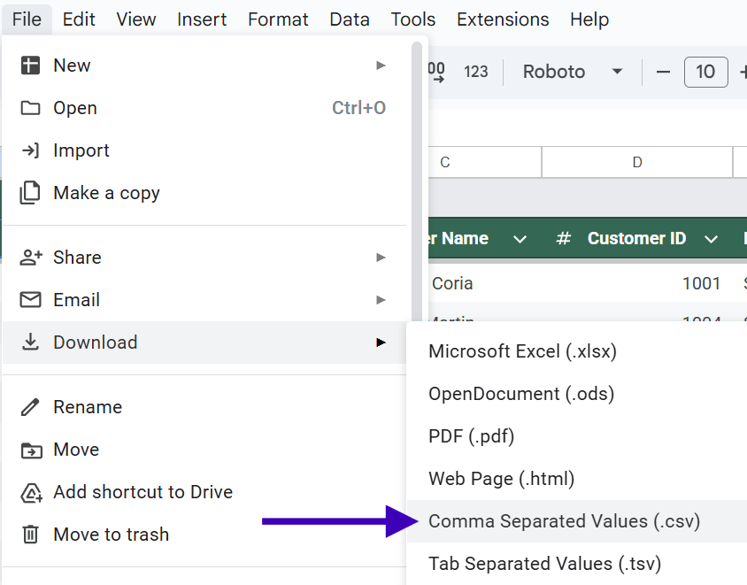 Download Google Sheets as CSV