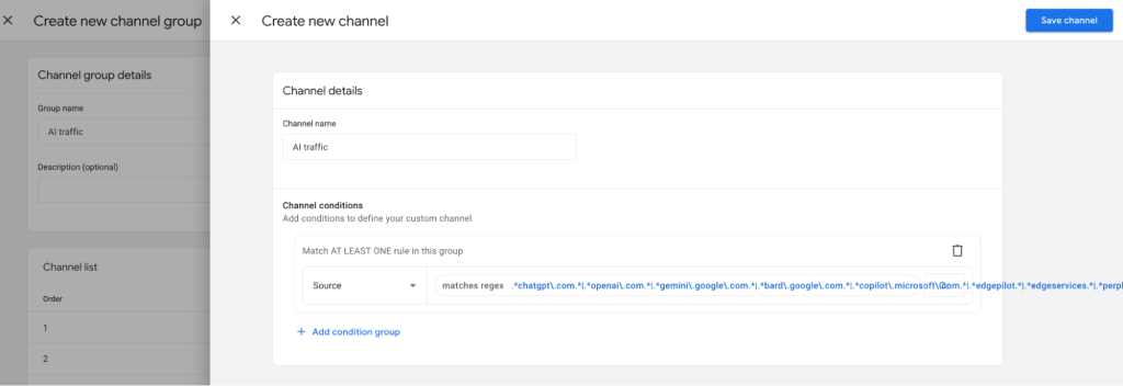 create new channel regex ai traffic ga4