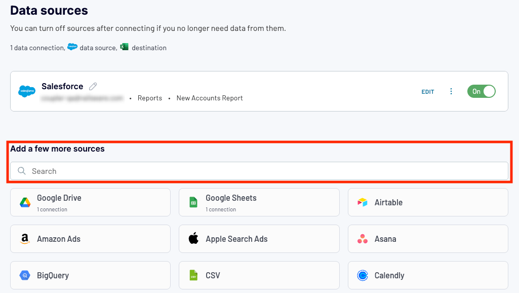 3 salesforce to excel selecting more data sources in coupler