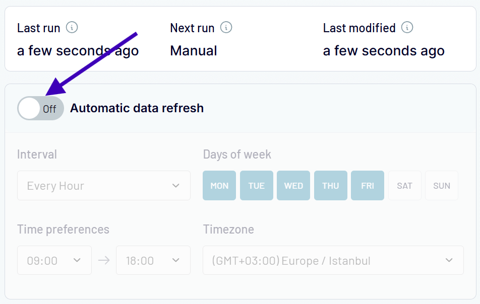 Automatic data refresh schedule set up in Coupler.io