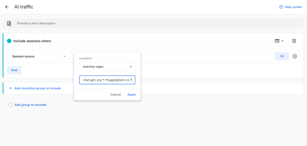 custom session segment explore reports ai traffic ga4 regex filter