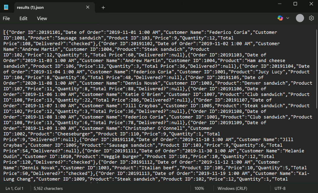 Example results file in JSON