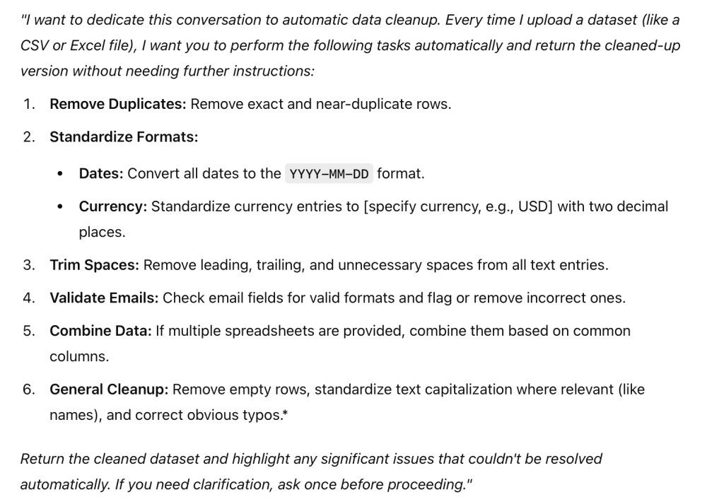 Data cleanup AI prompt