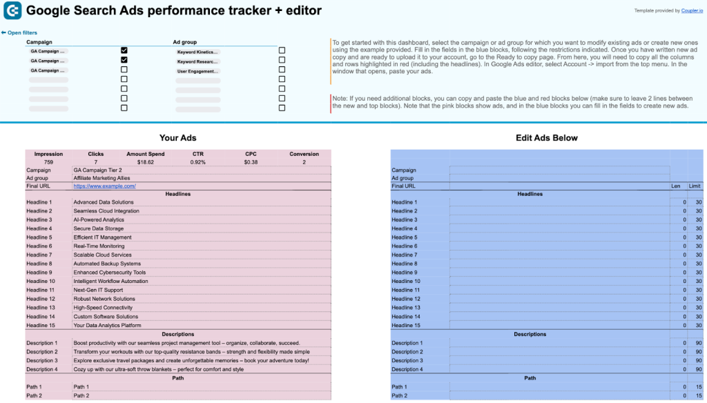 Google Search Ads performance tracker + editor in Google Sheets
