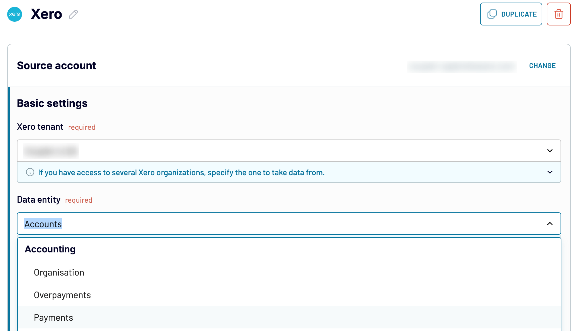 Xero source settings in Coupler.io