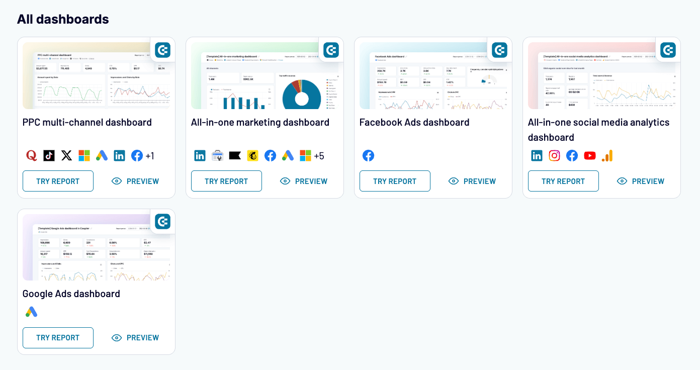 Selection of Coupler.io dashboards