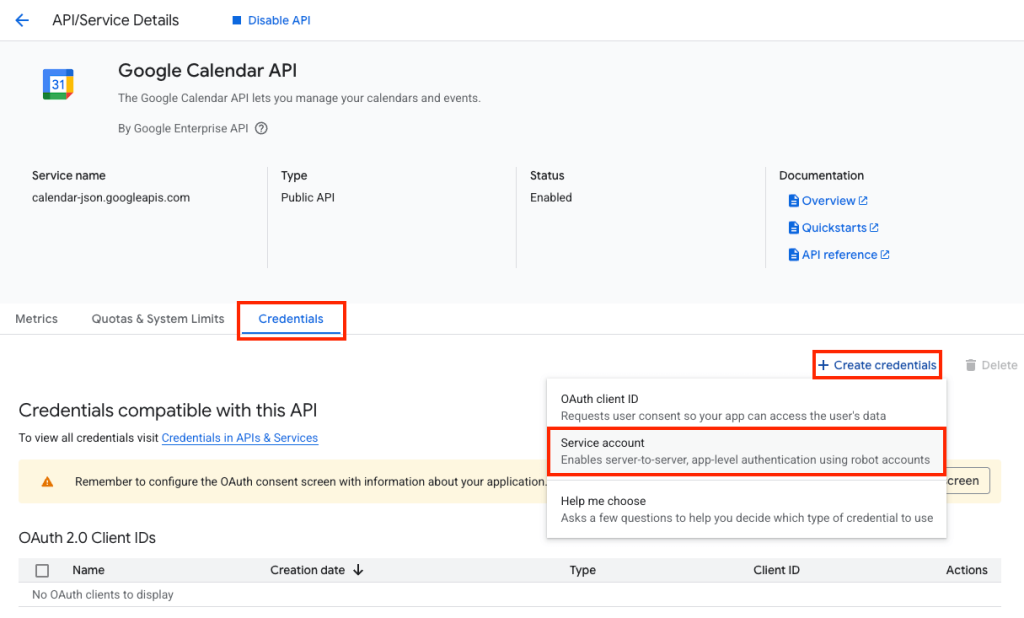 google calendar to json add service account for authentication