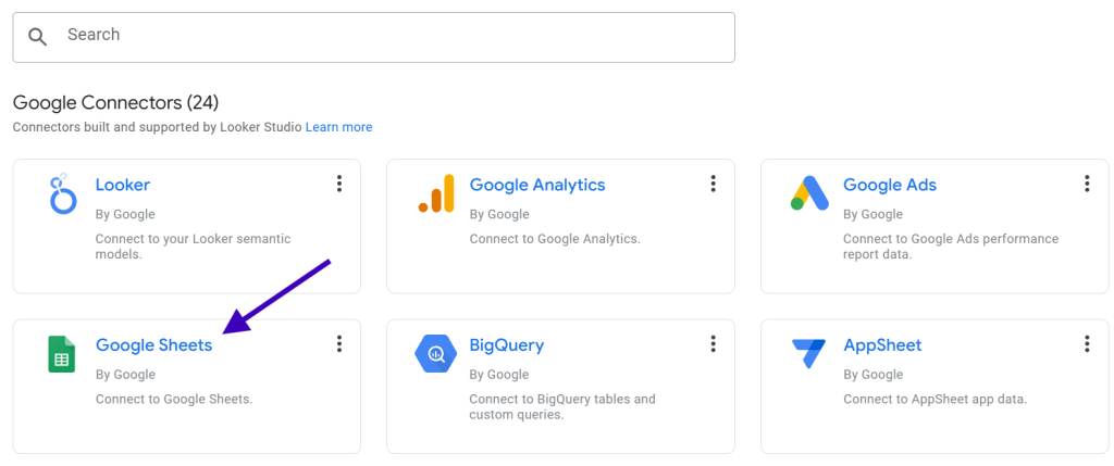 Selecting Google Sheets as the data source in Looker Studio