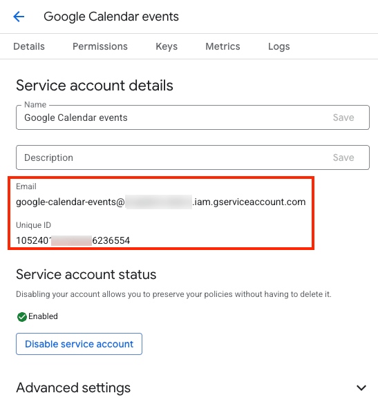 google calendar to json access google service account details
