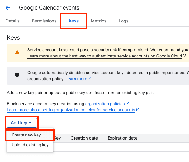 google calendar to json create service account key
