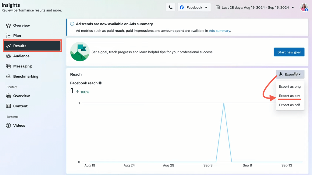 export facebook page insights data to csv