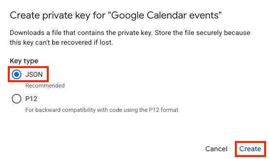 google calendar to json choose json as service account key format