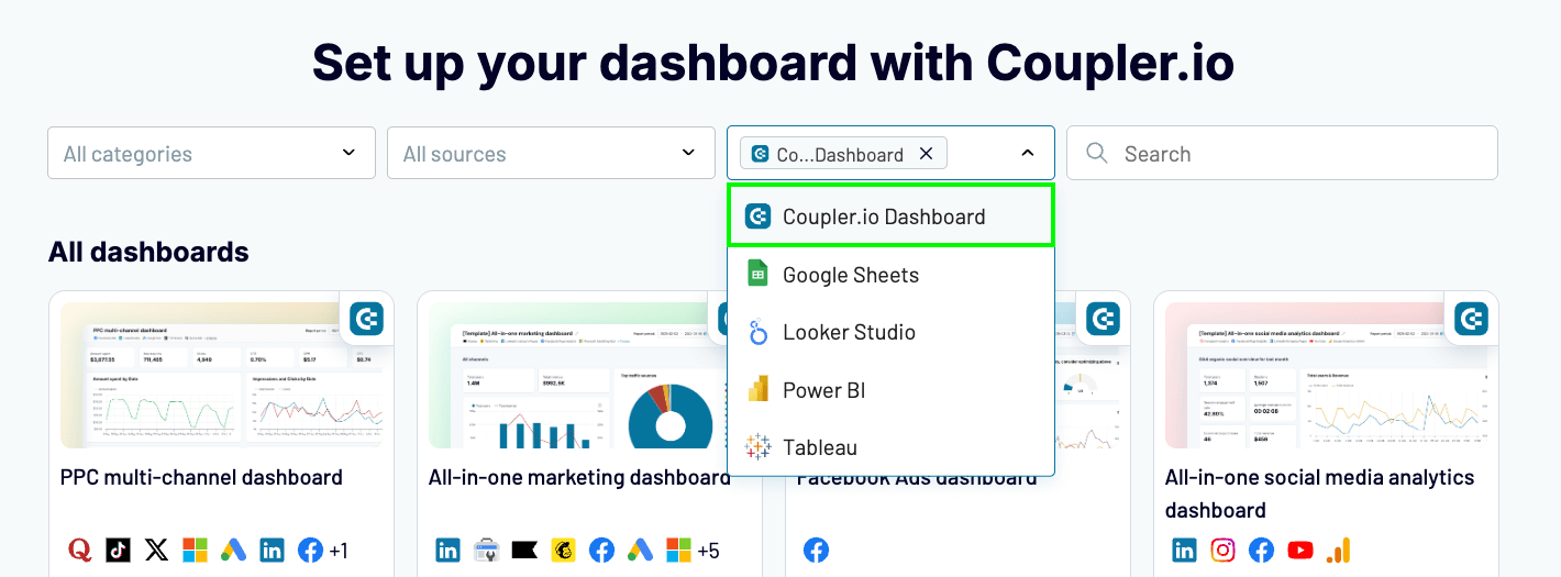 How to search for Coupler.io dashboards in the product interface
