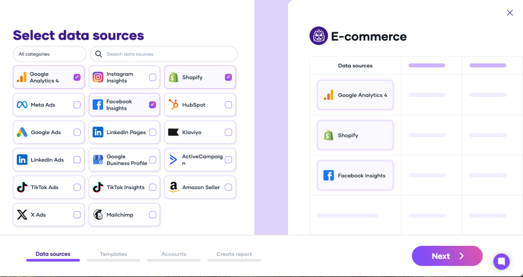 whatagraph alternatives portermetrics data source selection step