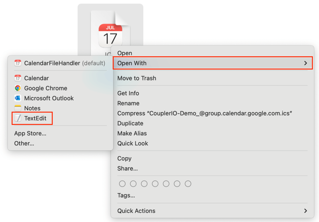 google calendar to json open ics file with nondefault app