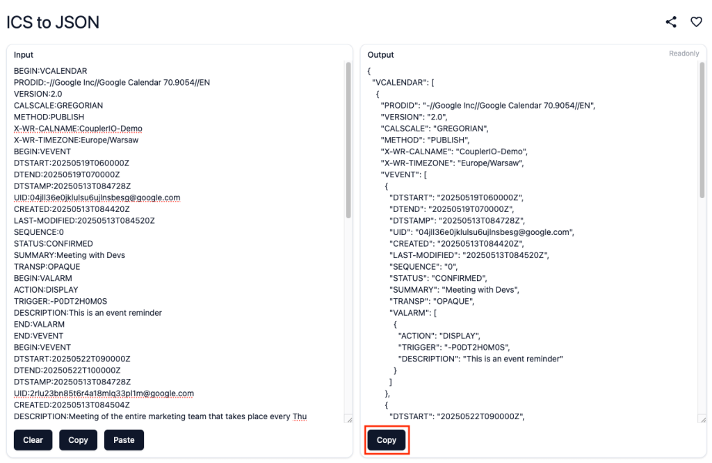 google calendar to json convert ics to json with online tool