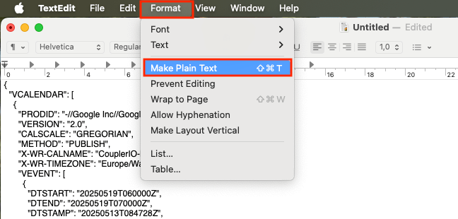google calendar to json set plain text format in textedit