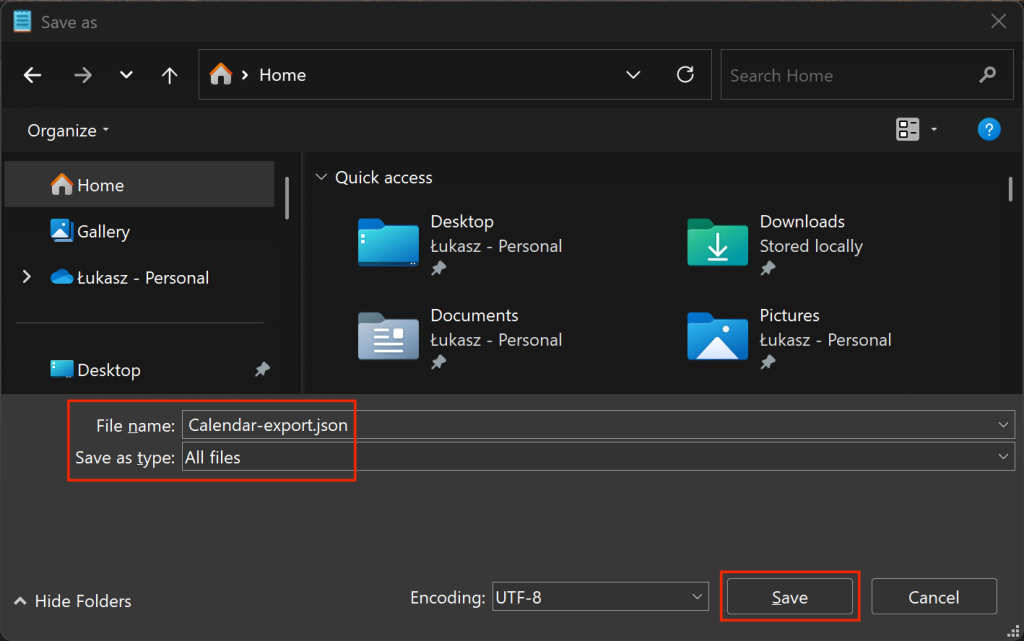 google calendar to json save to json in notepad