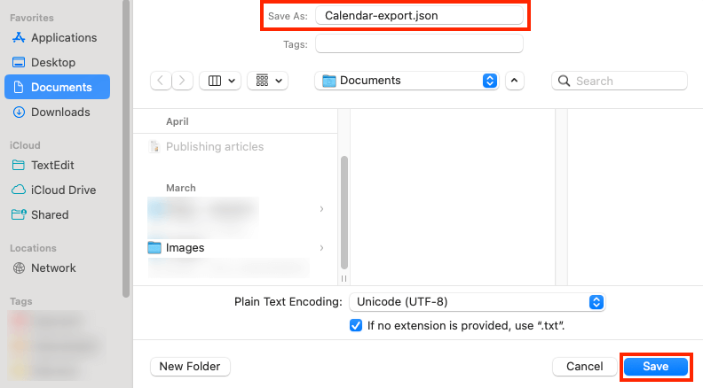 google calendar to json save to json in textedit