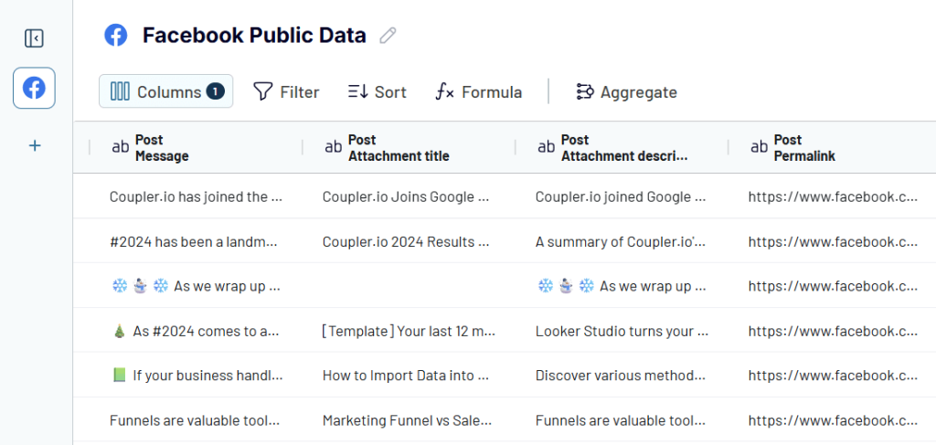 Facebook public data transformation view in Coupler.io