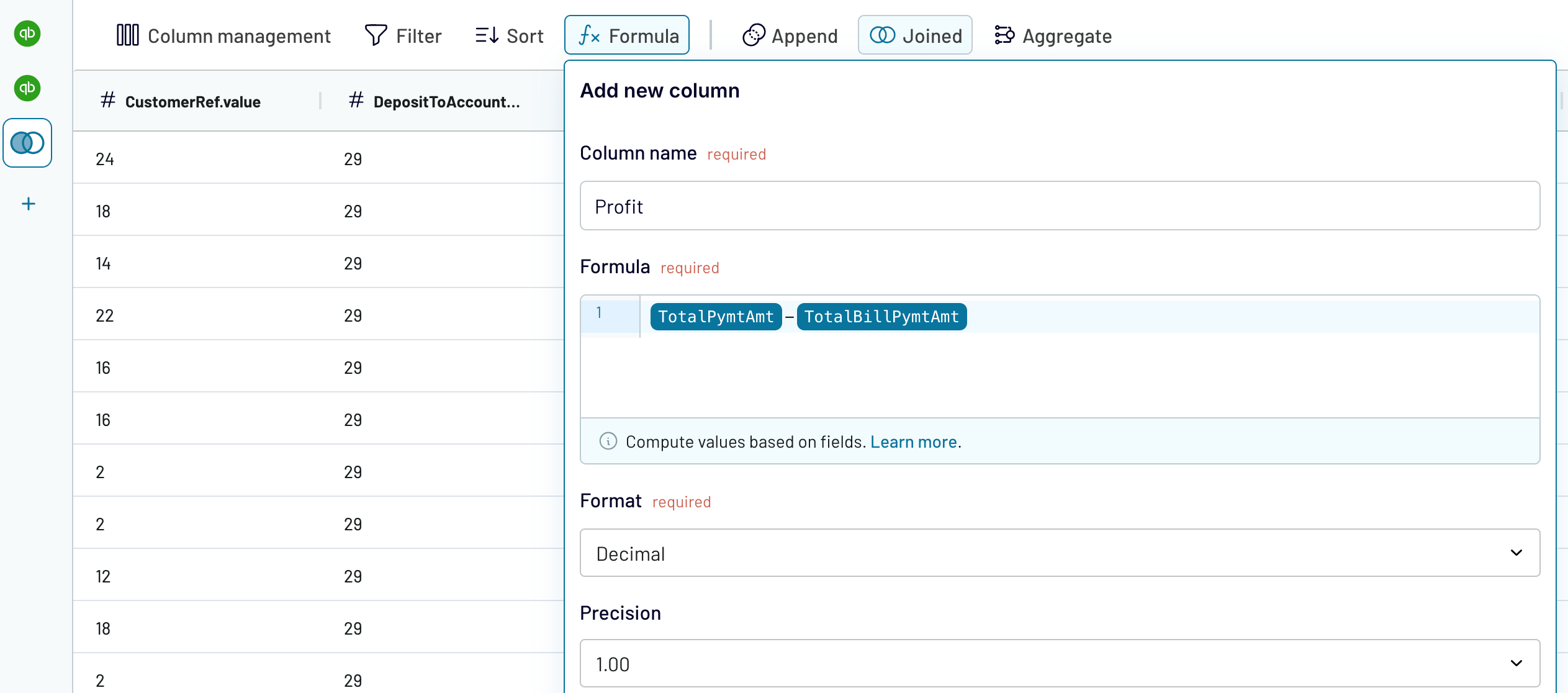 Calculating profit based on QuickBooks data using Coupler.io