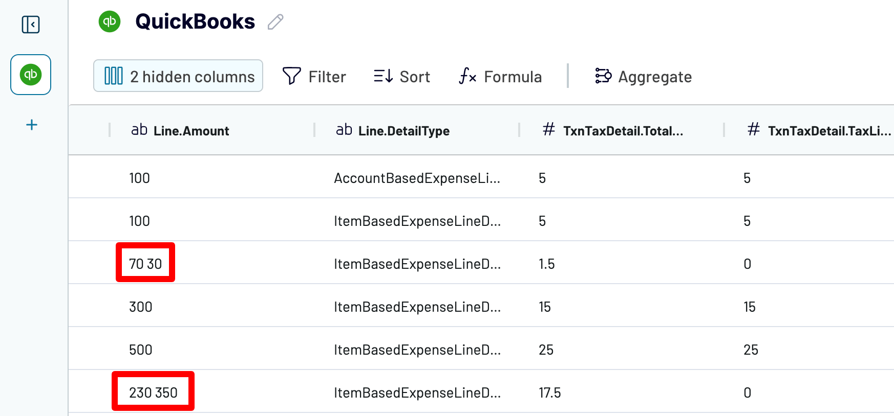 Example of multiple line amounts located in a single row