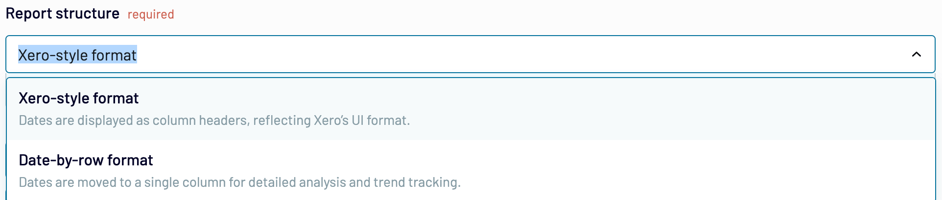 Xero report structure options in Coupler.io