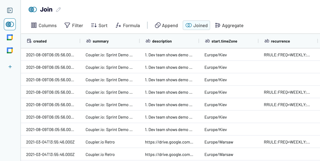 google calendar to json use data transformation features in coupler