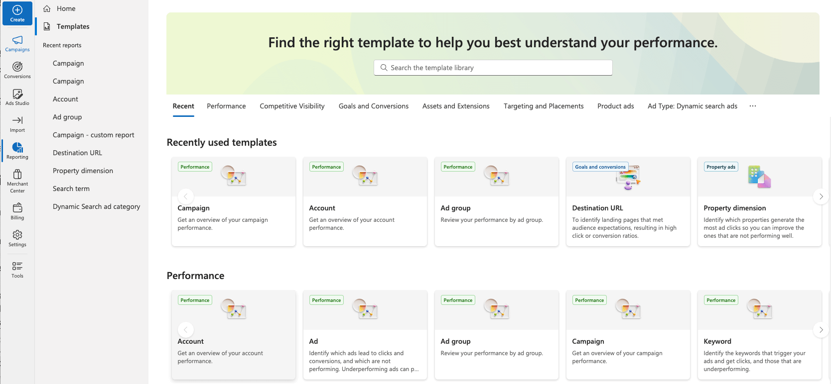 Choose report template in Microsoft Ads