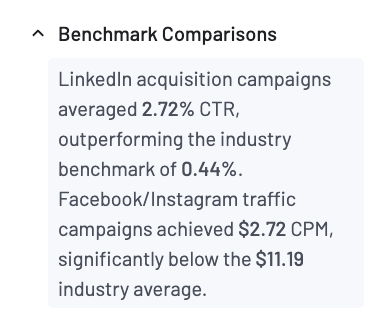 Benchmark comparison example in the AI Insights feature by Coupler.io